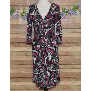 Vintage Y2K Bisou Bisou Geometric Swirl Midi Dress Size L Abstract Twist Waist